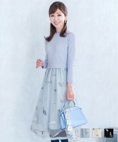 フラワー刺繍 チュール ニット コンビ ワンピース Prima Scherrer 全3色 ｜psc312-0189【5】のサムネイル