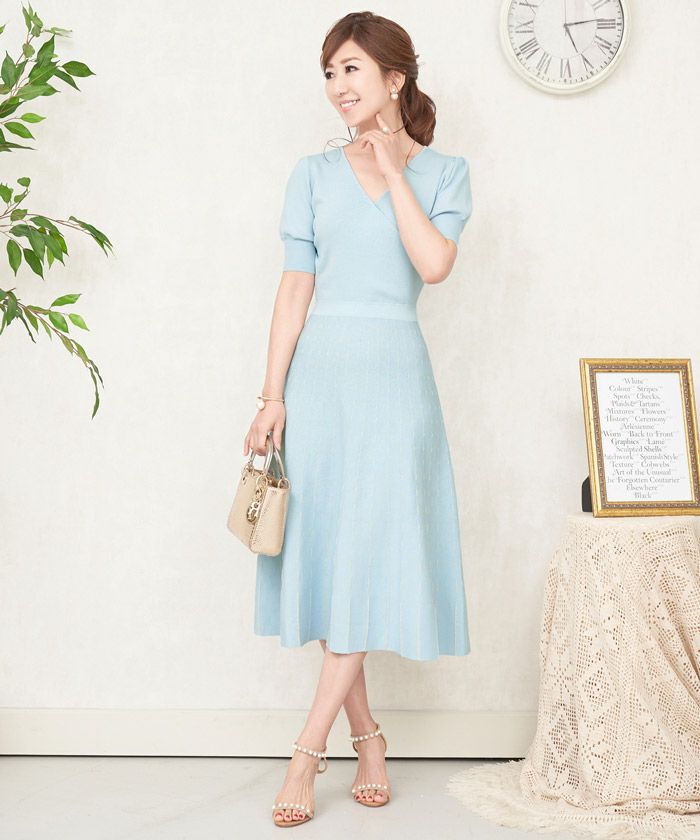 レディース/ニット/ワンピース/ラメ/ドット/ストライプ/カシュクール/半袖/フィット&フレア/S/M/パフ袖/ピンクベージュ/サックス/ホワイト/ピンク/ネイビー/上品/エレガント/華やか/伸縮性/