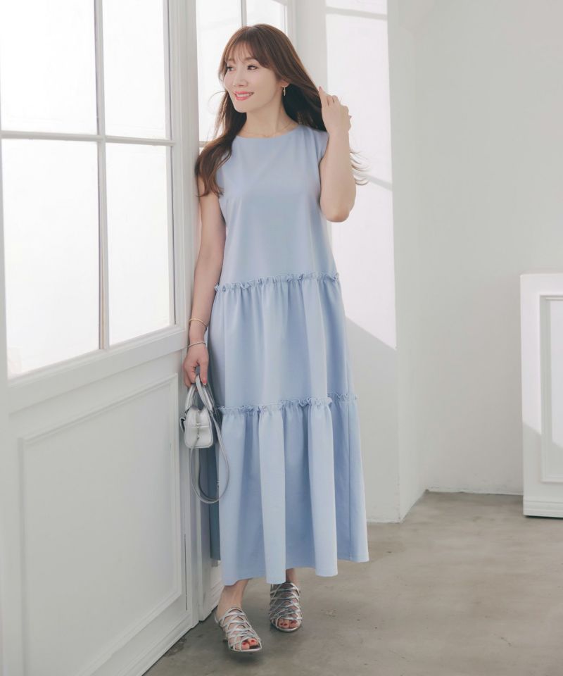 newcolor/手洗い可新色追加手洗い可無地夏コーデフェミニン骨ストマタニティルームリゾートロングおしゃれ大人可愛いカジュアル着痩せ抜け感フリル/ルームウエア/カットソー/ノースリーブ/Aライン/ギャザー/リゾート/ワンマイル/リラックス/大人可愛い