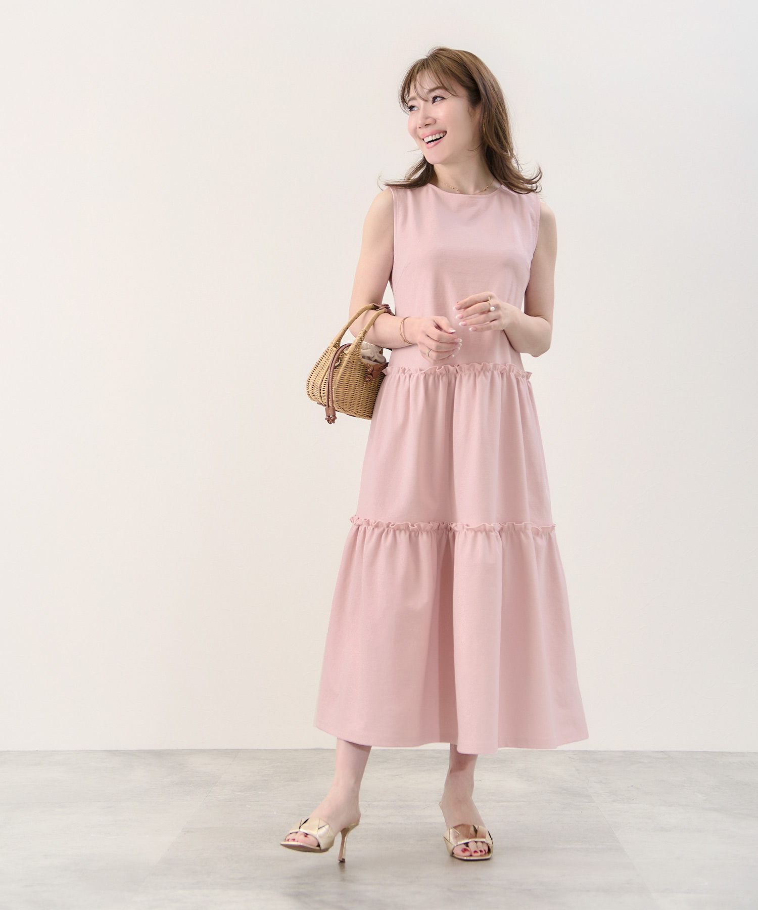 newcolor/手洗い可新色追加手洗い可無地夏コーデフェミニン骨ストマタニティルームリゾートロングおしゃれ大人可愛いカジュアル着痩せ抜け感フリル/ルームウエア/カットソー/ノースリーブ/Aライン/ギャザー/リゾート/ワンマイル/リラックス/大人可愛い