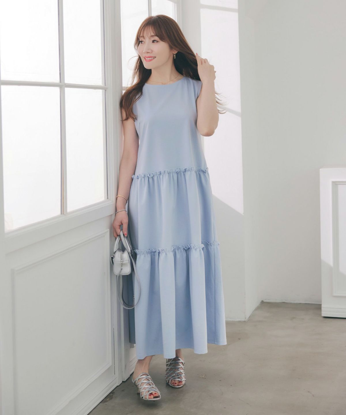 newcolor/手洗い可新色追加手洗い可無地夏コーデフェミニン骨ストマタニティルームリゾートロングおしゃれ大人可愛いカジュアル着痩せ抜け感フリル/ルームウエア/カットソー/ノースリーブ/Aライン/ギャザー/リゾート/ワンマイル/リラックス/大人可愛い