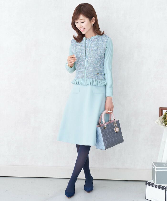 ニット/ジャケット/カーディガン/ツイード/フリルヘム/9分袖/長袖/ジップアップ/リブ/セット着用可能/S/M/L/ホワイト/ピンク/サックス/ブルー/ブラック/カラフル/ファンシー/上品/きれいめ/お呼ばれ/オケージョン/卒業式/入学式/卒園式/入園式/