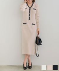 エコヴェロ ステッチ Vネック バイカラー ニット ワンピース Liala×PG アイボリー/ベージュ/ブラック