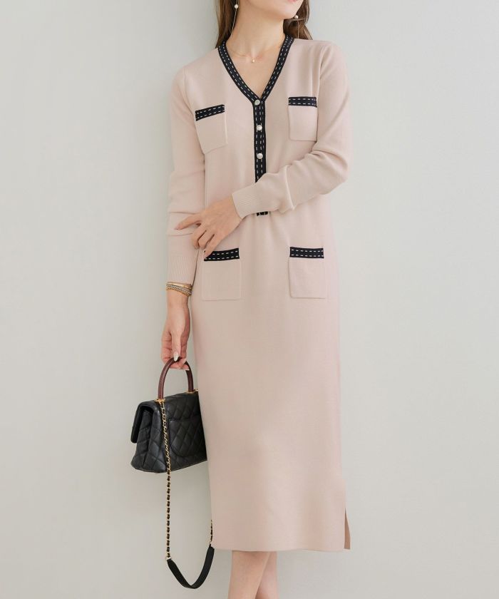 エコヴェロ ステッチ Vネック バイカラー ニット ワンピース Liala×PG