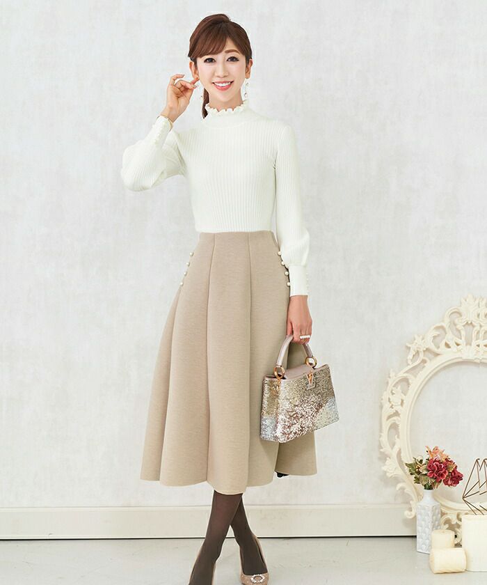 ニット/ワイドリブ/袖口パール/フリルネック/パフスリーブ/エレガント/フェミニン/S/M/トップス/レディース/ベーシック/ホワイト/ブラック/アイボリー/ラベンダー/モカ/ブラウン/