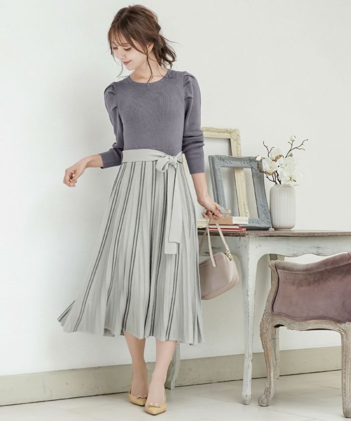 ワンピース/ニット/バイカラー/配色/ストライプ/リボン/ウエストベルト/リブ/手洗い可/上品/タック/ストライプ/スタイルアップ/ウエストゴム/ピンクベージュ/ブルーグレー/カフェモカ