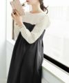 新色追加/newcolorワンピース/バイカラー/フリル/タック/ストレッチ/くるみ釦/異素材/上品/フェミニン/パーティー/お呼ばれ/フォーマル/膝下丈/ストレッチ/ピンク/モカ/バイカラー/配色ベージュ/ブラック