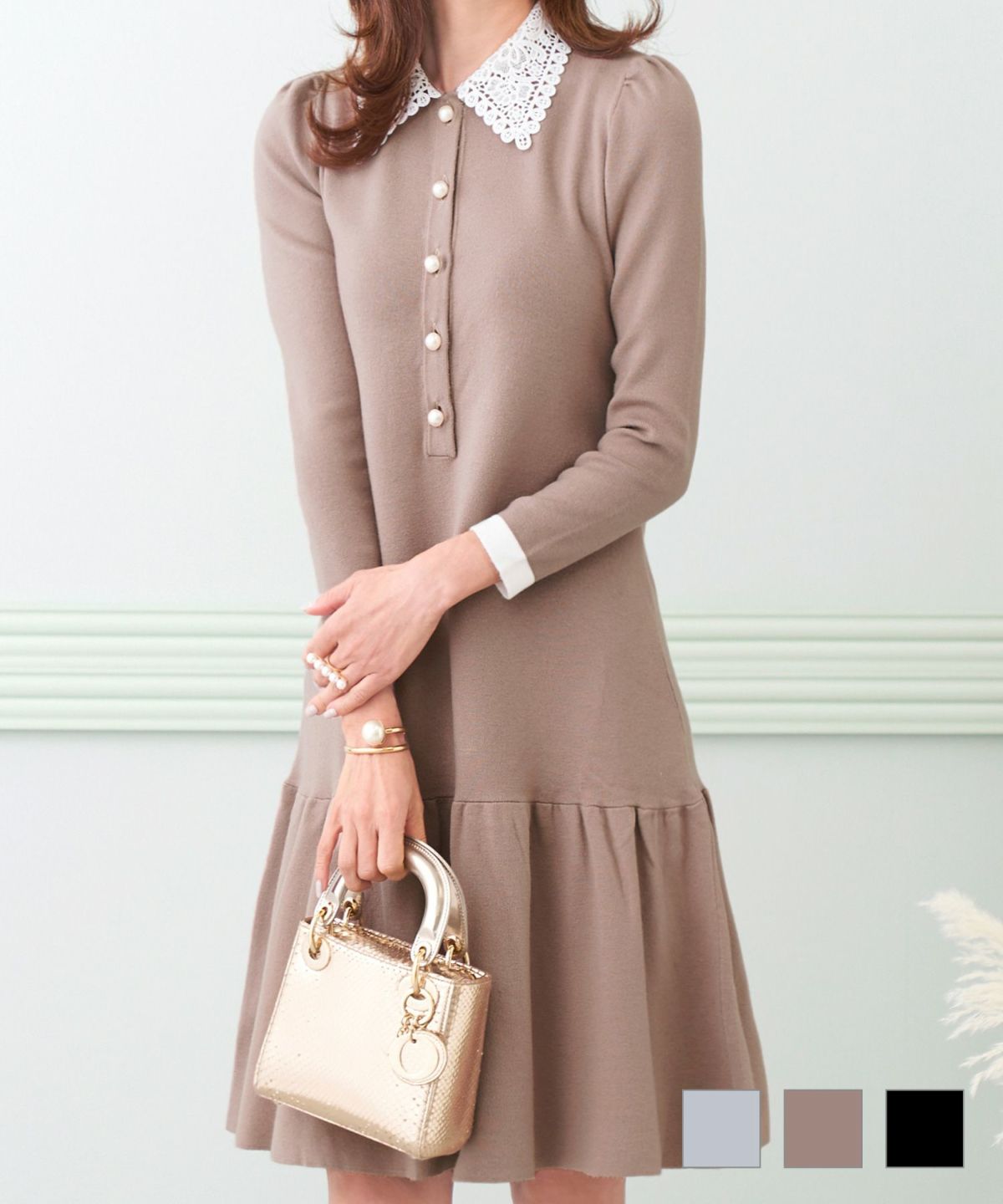 ワンピース ニット レース襟 フレアヘム Prima Scherrer