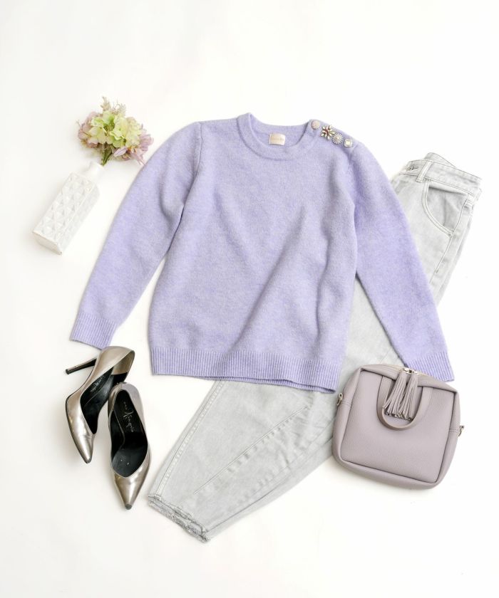 新色追加/長袖/ビジュー/ざっくり/ボタン/モチーフ