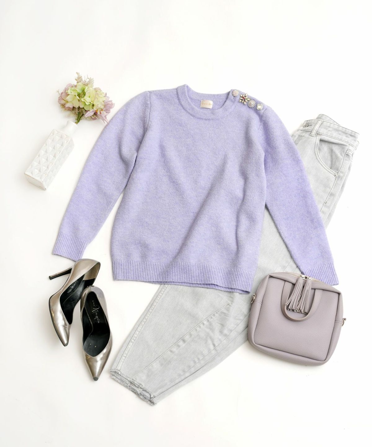 新色追加/長袖/ビジュー/ざっくり/ボタン/モチーフ