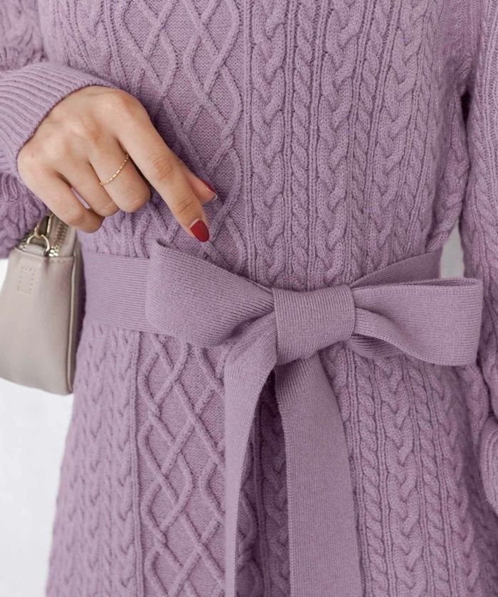 手洗い可/ニット/ワンピース/ケーブル編み/レース/裾レース/レースヘム/ウエストマーク/ウエストベルト/ベルト付き/長袖/新色/ブラウン/ココア/ローズブラウン/グレージュ/アイボリー/パープル/ブルーグレー