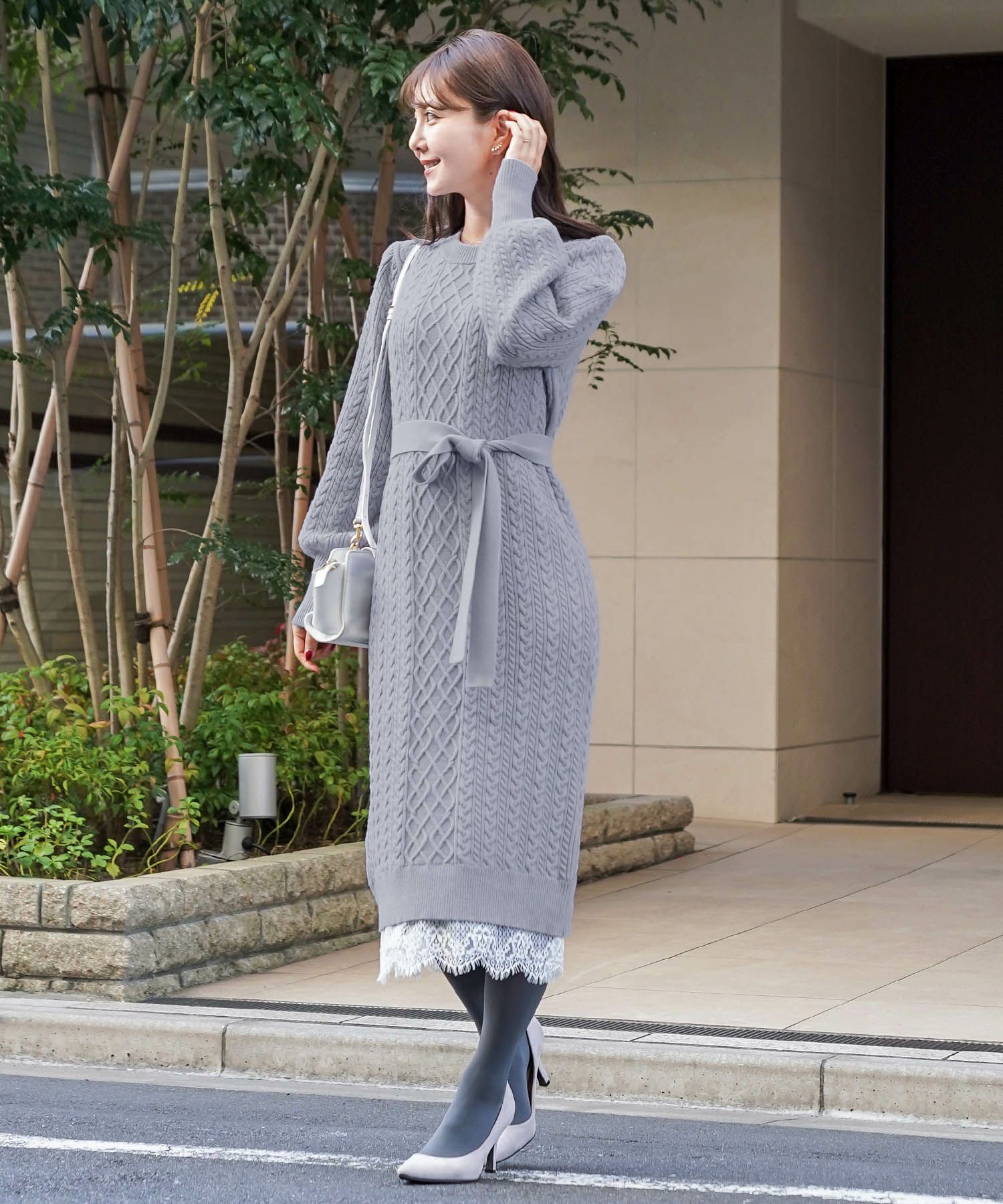 ニットワンピース ケーブル編み 裾レース le reve vaniller 全5色 