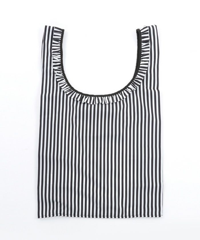 プリマシェレル/PrimaScherrer/エコバッグ/マルシェバッグ/ストライプ/リボン/フリル/コンパクト/折り畳み/撥水加工/手洗い可/シンプル/大人可愛い/ポケット付き/ミント/ブラック