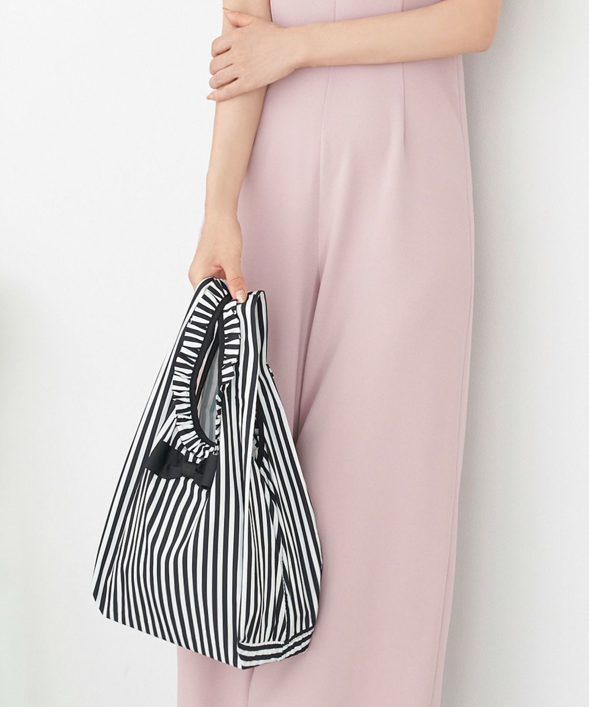 プリマシェレル/PrimaScherrer/エコバッグ/マルシェバッグ/ストライプ/リボン/フリル/コンパクト/折り畳み/撥水加工/手洗い可/シンプル/大人可愛い/ポケット付き/ミント/ブラック