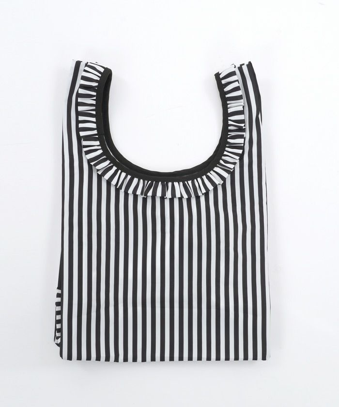 プリマシェレル/PrimaScherrer/エコバッグ/マルシェバッグ/ストライプ/リボン/フリル/コンパクト/折り畳み/撥水加工/手洗い可/シンプル/大人可愛い/ポケット付き/ミント/ブラック