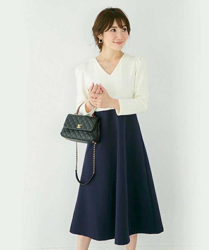 ワンピース バイカラー タック袖 フレア Liala Pg 全2色 Lpg312 0966 1 ワンピース バイカラー タック袖 フレア Liala Pg 全2色 Lpg312 0966 1