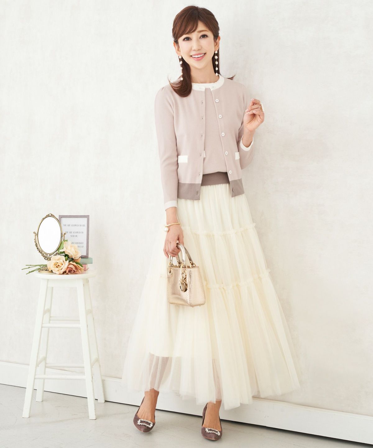 プリマシェレル/PrimaScherrer/レディース/カーディガン/ニット/トップス/カラフル/コントラストカラー/配色/パイピング/くるみボタン/長袖/9分袖/アンサンブル/セットアップ対応商品/S/M/ブラック/ピンク/ネイビー/ベージュ/アイボリー/ブラウン/モカ/