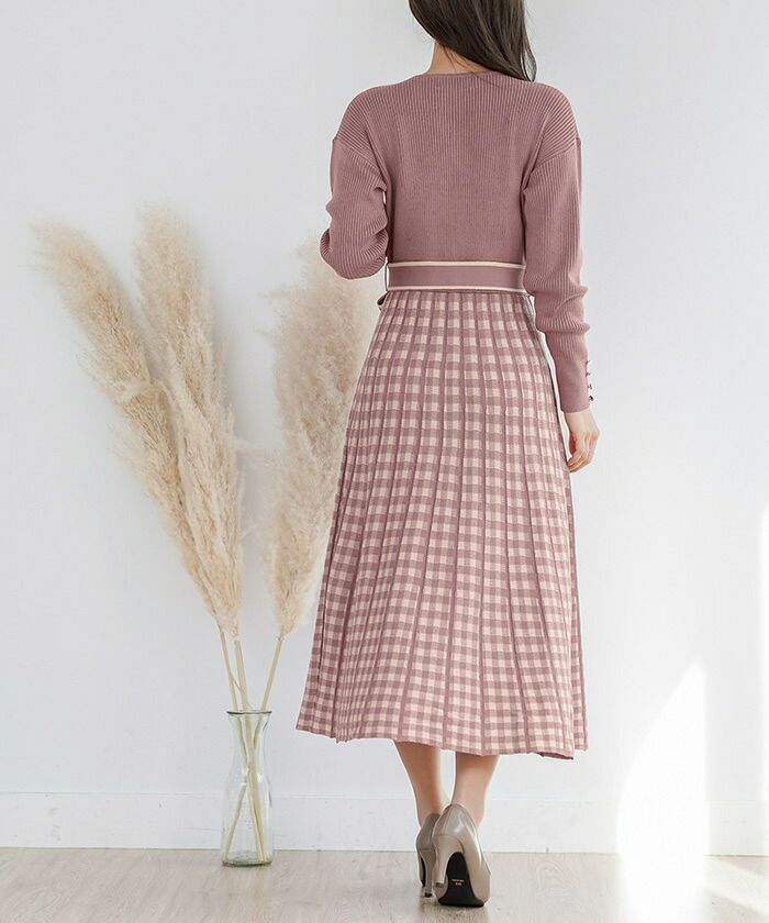 ニットワンピース プリーツ カシュクール チェック le reve vaniller 全2色|lvn312-1143【2】 ニットワンピース プリーツ カシュクール チェック le reve vaniller 全2色|lvn312-1143【2】