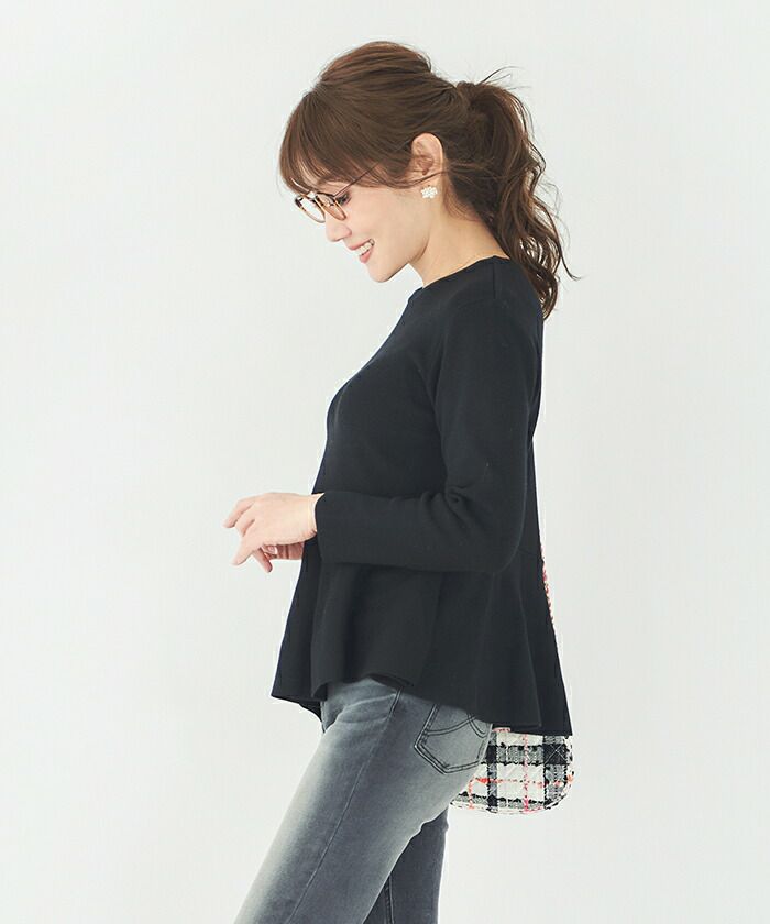 日本製/レディース/トップス/ニット/プルオーバー/アシンメトリー/ペプラム/ラウンドネック/長袖/プリーツ/タック/ゴム地/袖口リブ/イレヘム/ホワイト/ピンク/ブラック/