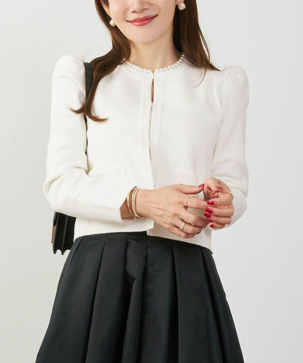 カーディガン/パールネック/ニット/ジャケット/ノーカラー/フロントホック/ポケット付き/長袖/9分袖/グレージュ/ライトグレージュ/ピンクベージュ/ベージュ/ブラック/