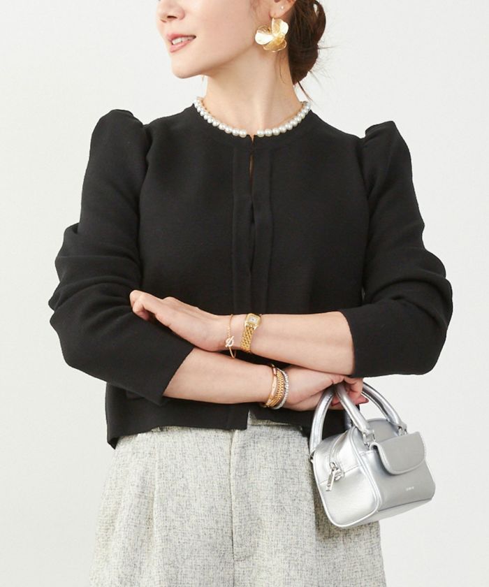 カーディガン/パールネック/ニット/ジャケット/ノーカラー/フロントホック/ポケット付き/長袖/9分袖/グレージュ/ライトグレージュ/ピンクベージュ/ベージュ/ブラック/