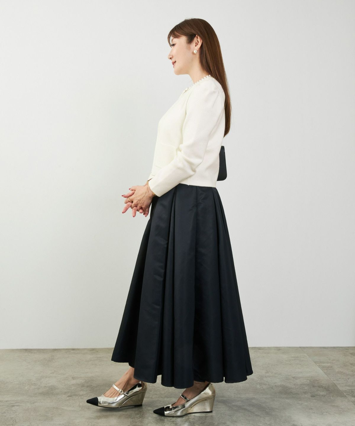 カーディガン/パールネック/ニット/ジャケット/ノーカラー/フロントホック/ポケット付き/長袖/9分袖/グレージュ/ライトグレージュ/ピンクベージュ/ベージュ/ブラック/