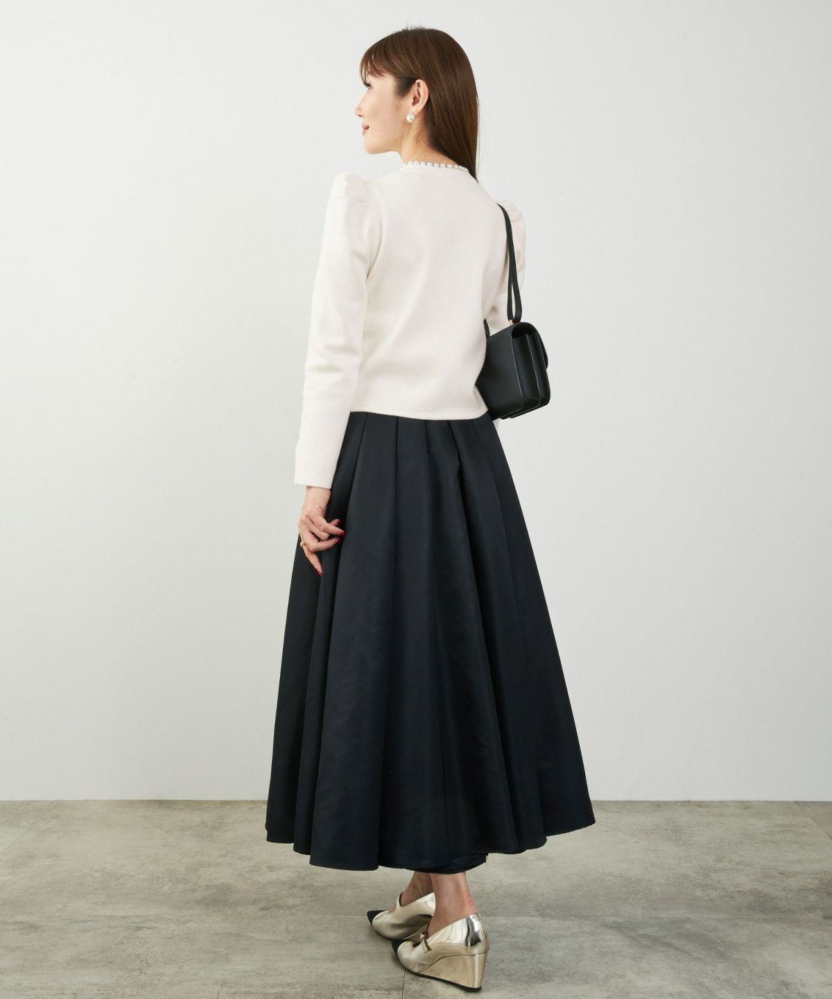 カーディガン/パールネック/ニット/ジャケット/ノーカラー/フロントホック/ポケット付き/長袖/9分袖/グレージュ/ライトグレージュ/ピンクベージュ/ベージュ/ブラック/