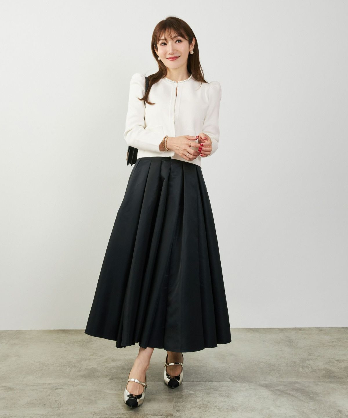 カーディガン/パールネック/ニット/ジャケット/ノーカラー/フロントホック/ポケット付き/長袖/9分袖/グレージュ/ライトグレージュ/ピンクベージュ/ベージュ/ブラック/