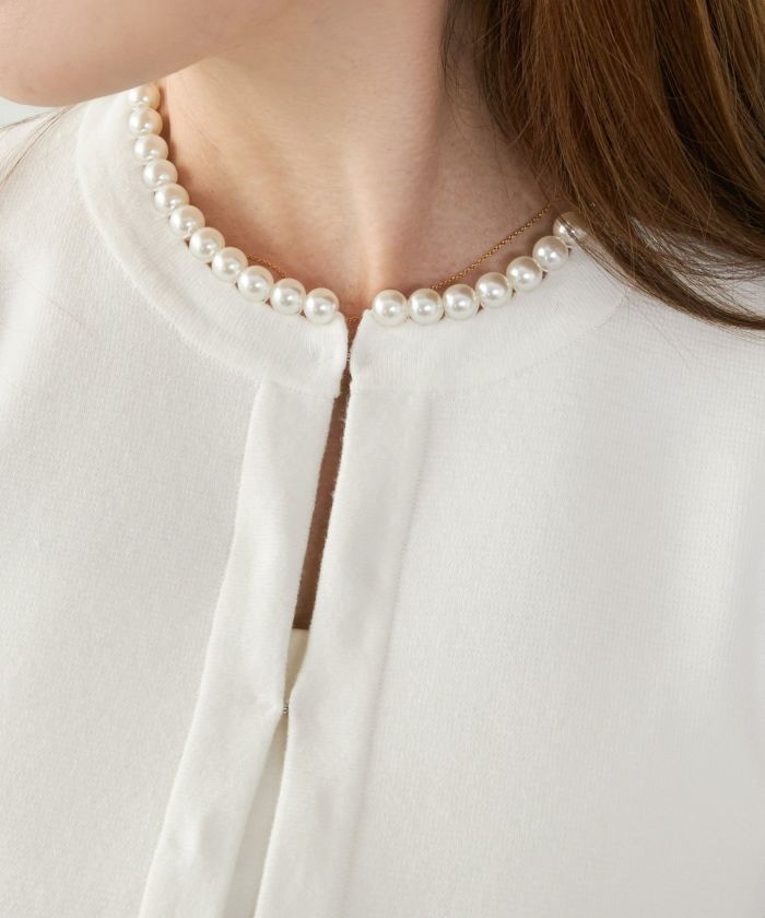 カーディガン/パールネック/ニット/ジャケット/ノーカラー/フロントホック/ポケット付き/長袖/9分袖/グレージュ/ライトグレージュ/ピンクベージュ/ベージュ/ブラック/