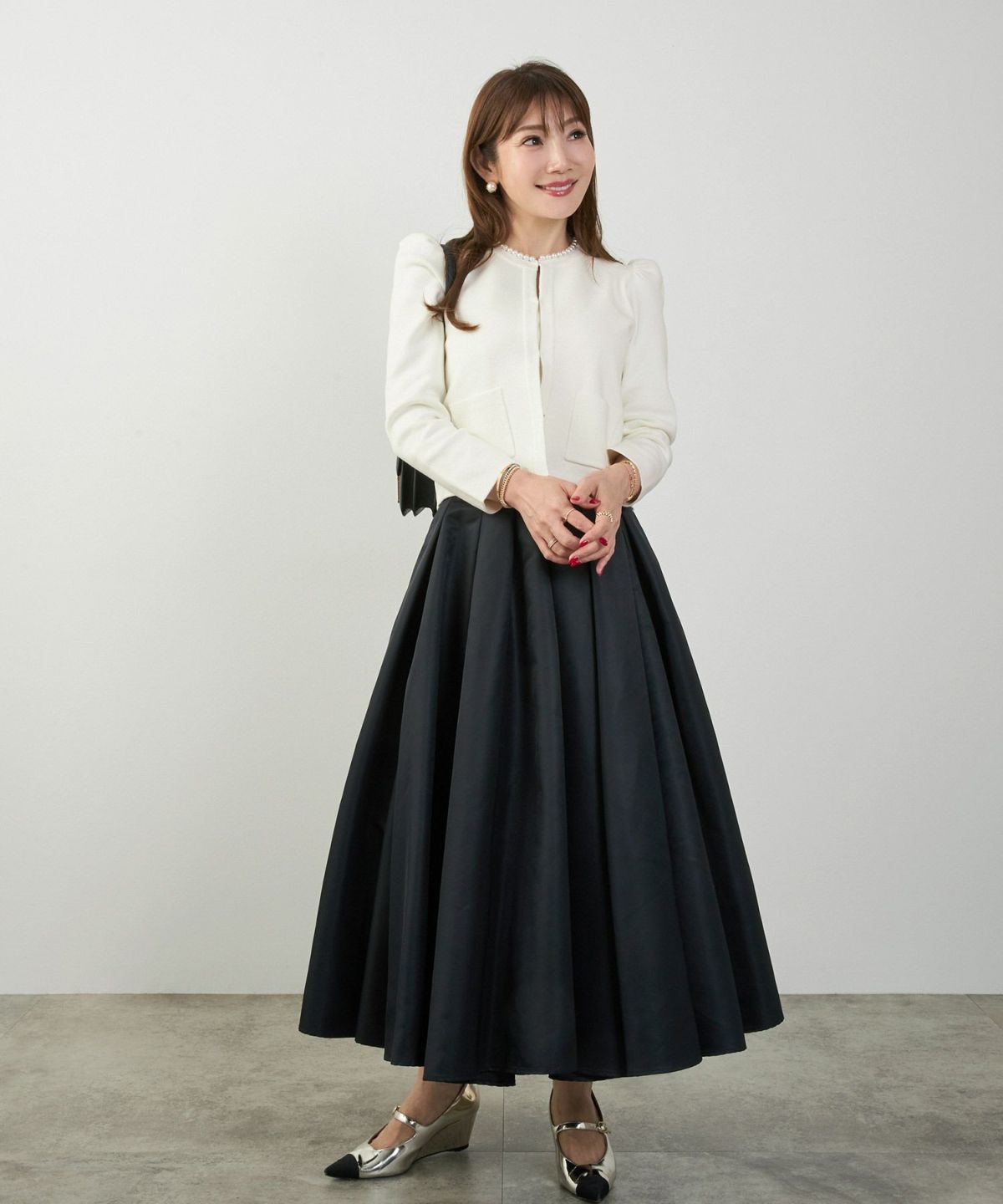 カーディガン/パールネック/ニット/ジャケット/ノーカラー/フロントホック/ポケット付き/長袖/9分袖/グレージュ/ライトグレージュ/ピンクベージュ/ベージュ/ブラック/