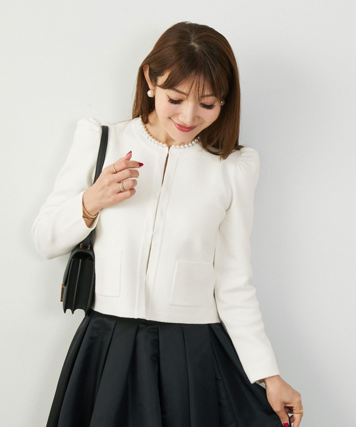 カーディガン/パールネック/ニット/ジャケット/ノーカラー/フロントホック/ポケット付き/長袖/9分袖/グレージュ/ライトグレージュ/ピンクベージュ/ベージュ/ブラック/