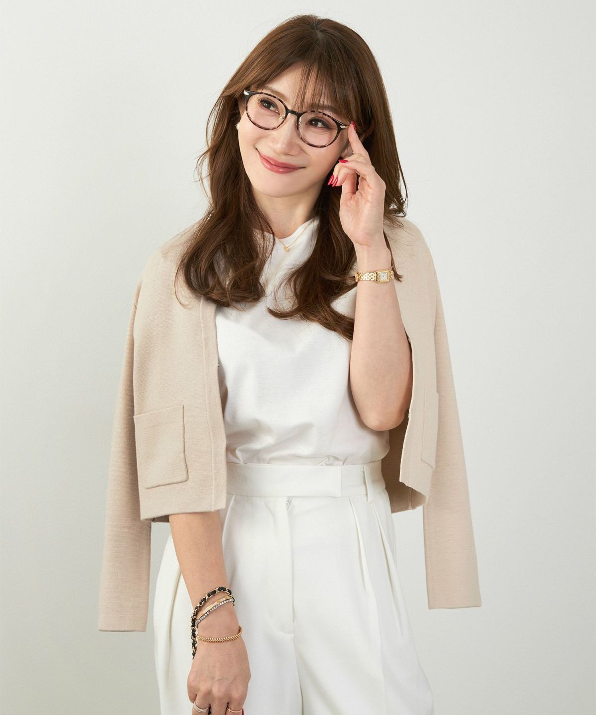 カーディガン/パールネック/ニット/ジャケット/ノーカラー/フロントホック/ポケット付き/長袖/9分袖/グレージュ/ライトグレージュ/ピンクベージュ/ベージュ/ブラック/