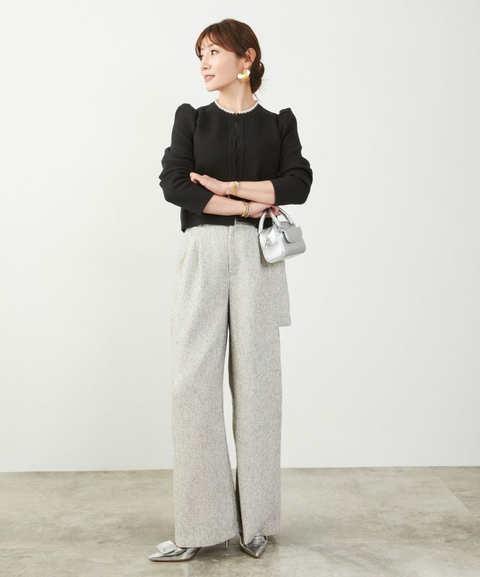 カーディガン/パールネック/ニット/ジャケット/ノーカラー/フロントホック/ポケット付き/長袖/9分袖/グレージュ/ライトグレージュ/ピンクベージュ/ベージュ/ブラック/