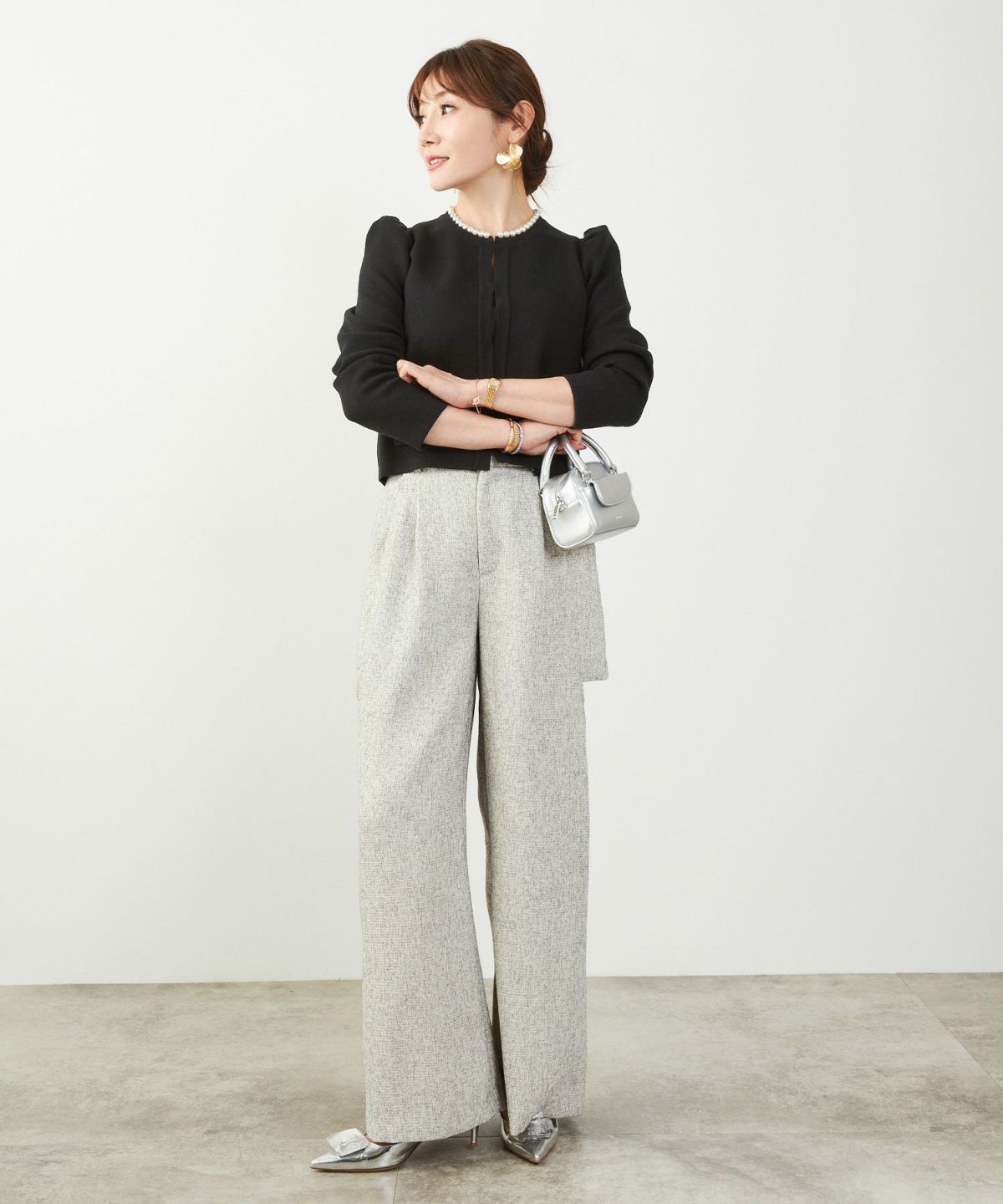 カーディガン/パールネック/ニット/ジャケット/ノーカラー/フロントホック/ポケット付き/長袖/9分袖/グレージュ/ライトグレージュ/ピンクベージュ/ベージュ/ブラック/