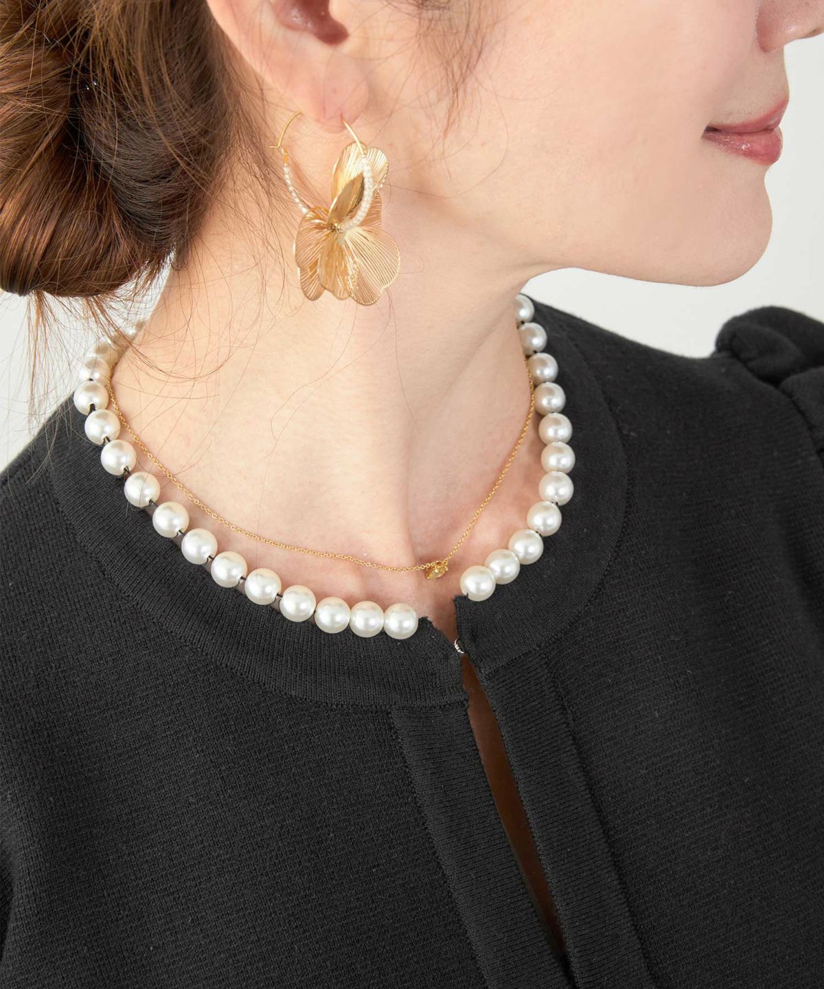 カーディガン/パールネック/ニット/ジャケット/ノーカラー/フロントホック/ポケット付き/長袖/9分袖/グレージュ/ライトグレージュ/ピンクベージュ/ベージュ/ブラック/