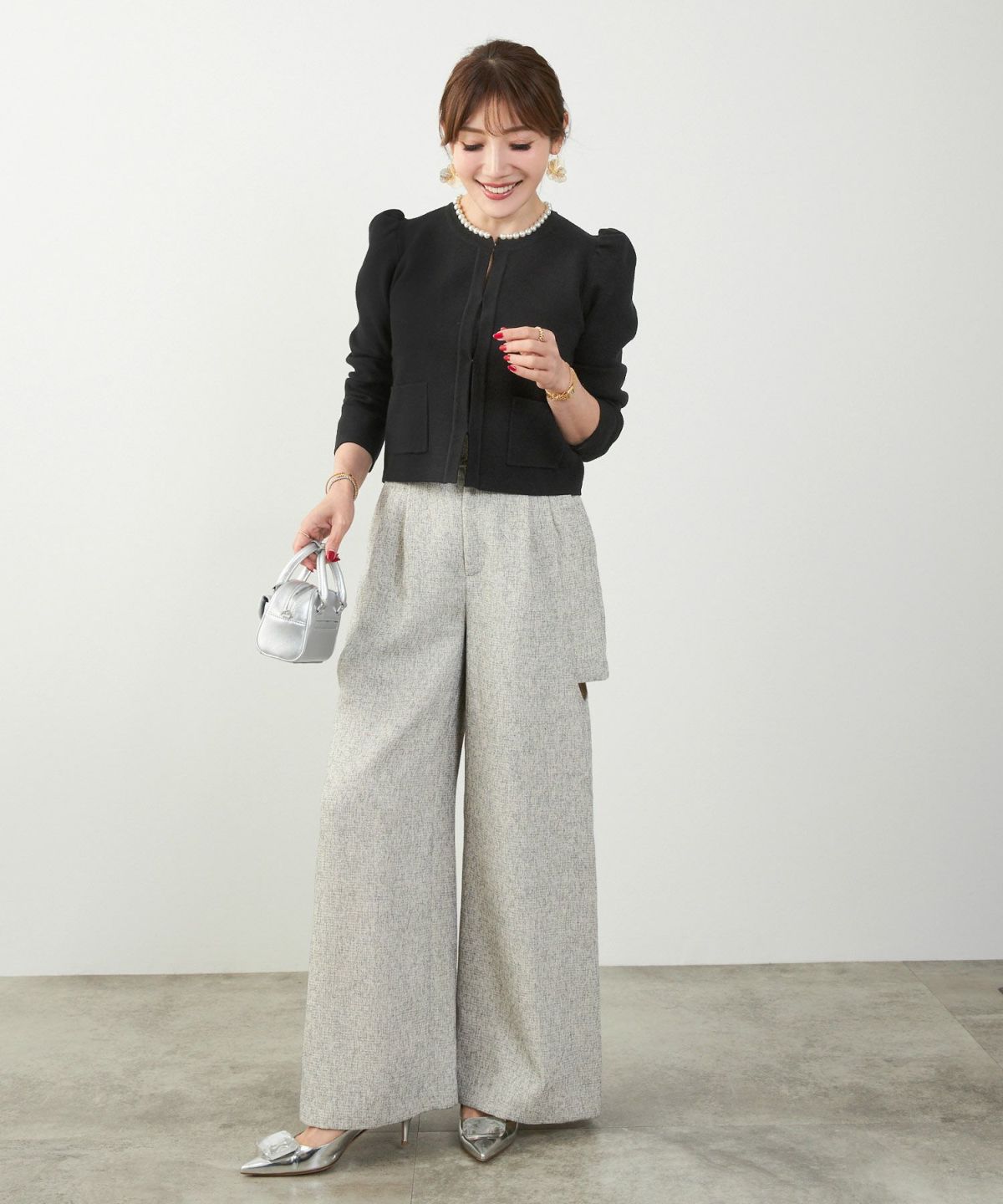 カーディガン/パールネック/ニット/ジャケット/ノーカラー/フロントホック/ポケット付き/長袖/9分袖/グレージュ/ライトグレージュ/ピンクベージュ/ベージュ/ブラック/