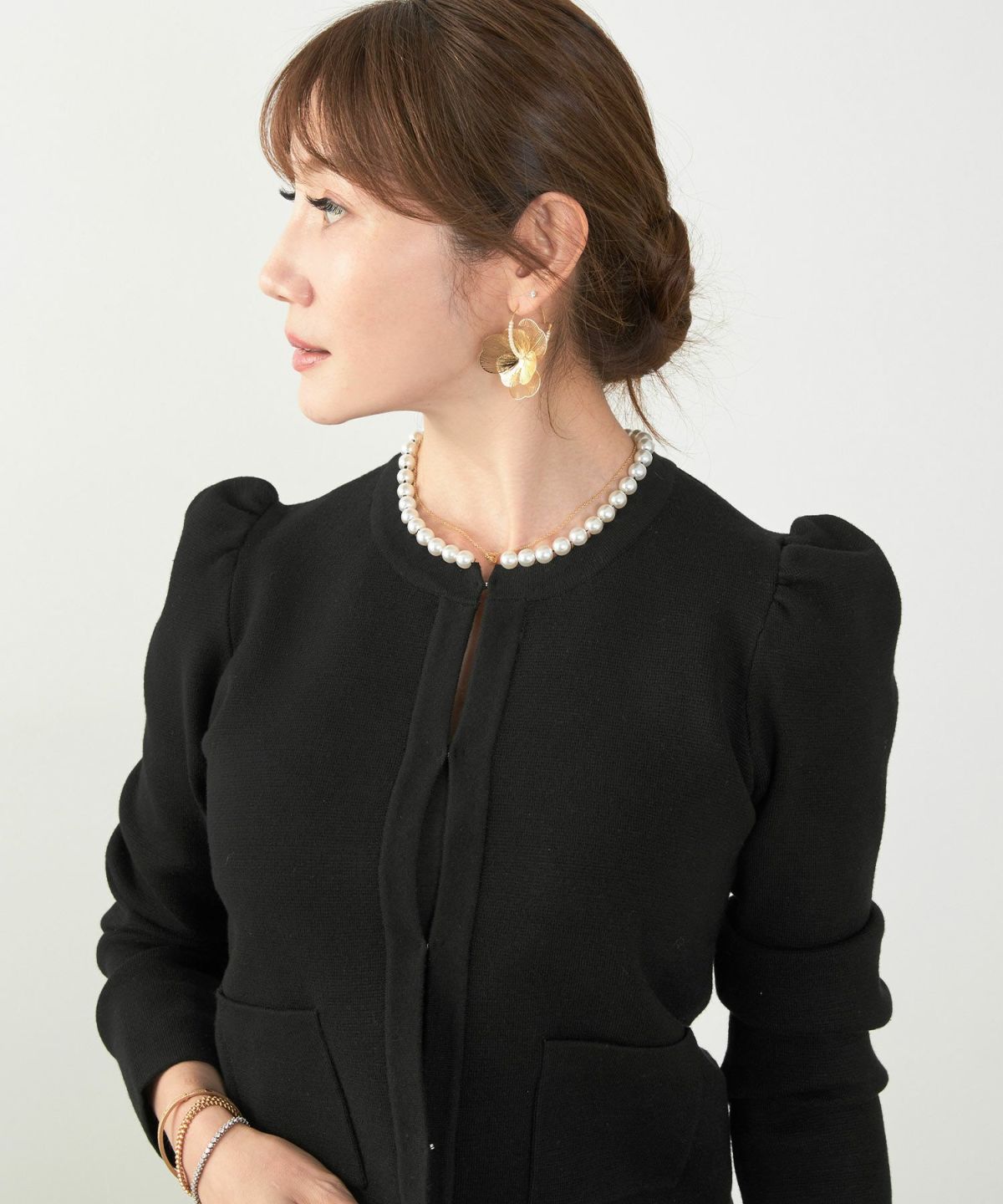 カーディガン/パールネック/ニット/ジャケット/ノーカラー/フロントホック/ポケット付き/長袖/9分袖/グレージュ/ライトグレージュ/ピンクベージュ/ベージュ/ブラック/