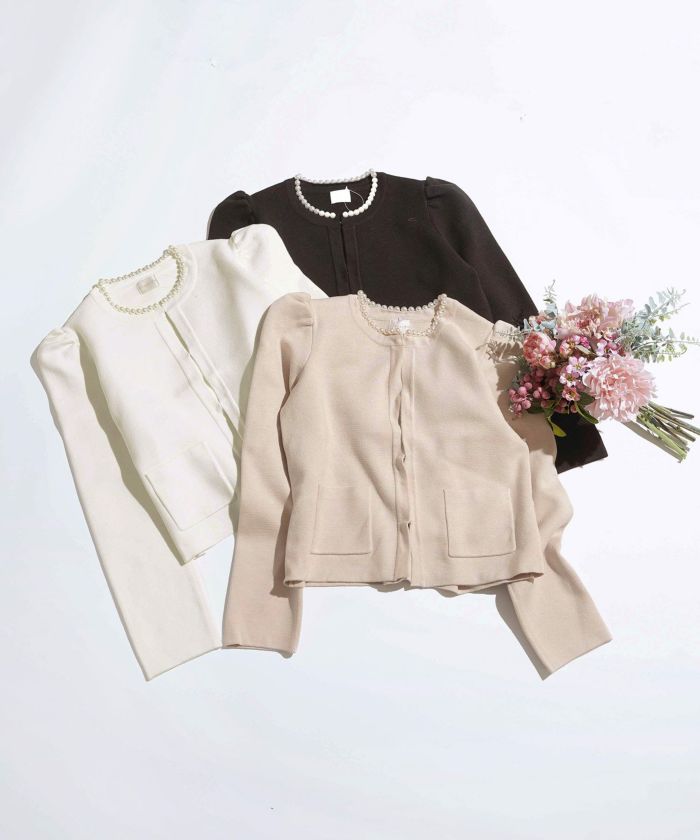 カーディガン/パールネック/ニット/ジャケット/ノーカラー/フロントホック/ポケット付き/長袖/9分袖/グレージュ/ライトグレージュ/ピンクベージュ/ベージュ/ブラック/