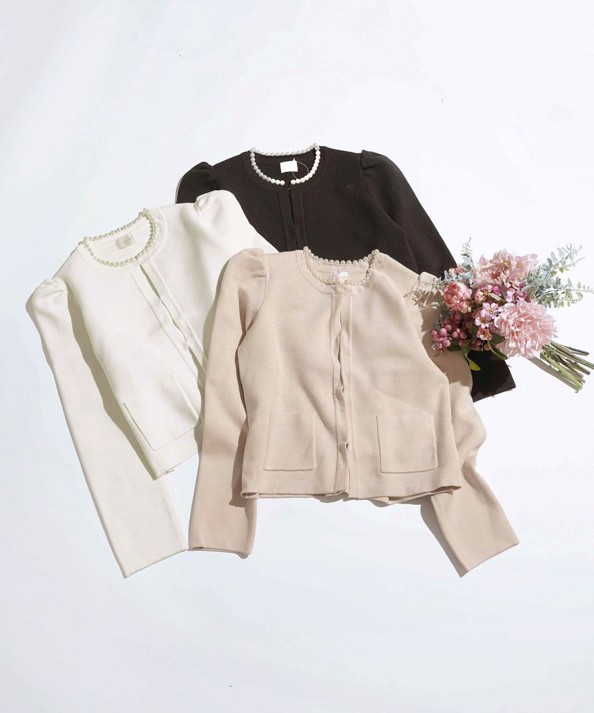 カーディガン/パールネック/ニット/ジャケット/ノーカラー/フロントホック/ポケット付き/長袖/9分袖/グレージュ/ライトグレージュ/ピンクベージュ/ベージュ/ブラック/