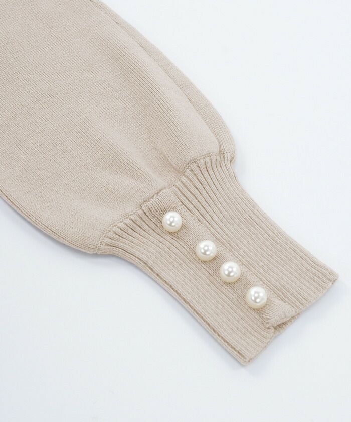 ニット/ワンピース/レイヤード風/スカラップヘム/ボリュームスリーブ/袖口パール/9分袖/スリット入り/S/M/グレージュ/ベージュ/グレー/杢グレー/メランジ/ネイビー/