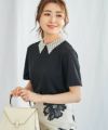 newcolor/新色追加/日本製/手洗い可/洗濯機/ウォッシャブル/ハンドウォッシャブル/マシンウォッシャブル/洗える/半袖/レース/襟付き/上品/フェミニン/ネイビー/ホワイト/ブラック/ボーダー/綿100/コットン100/伸縮/ストレッチ/華やか/トップス/カットソー/Tシャツ