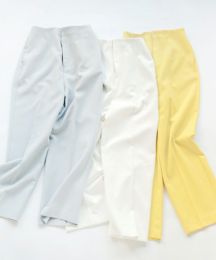 レディース/ボトムス/パンツ/ワイドシルエット/センタープレス/ウエストゴム/ポケット付き/春色/ストレッチ性/ホワイト/イエロー/サックス/S/M/カジュアル/オフィス/お仕事コーデ/洗濯可/手洗い可/洗える/