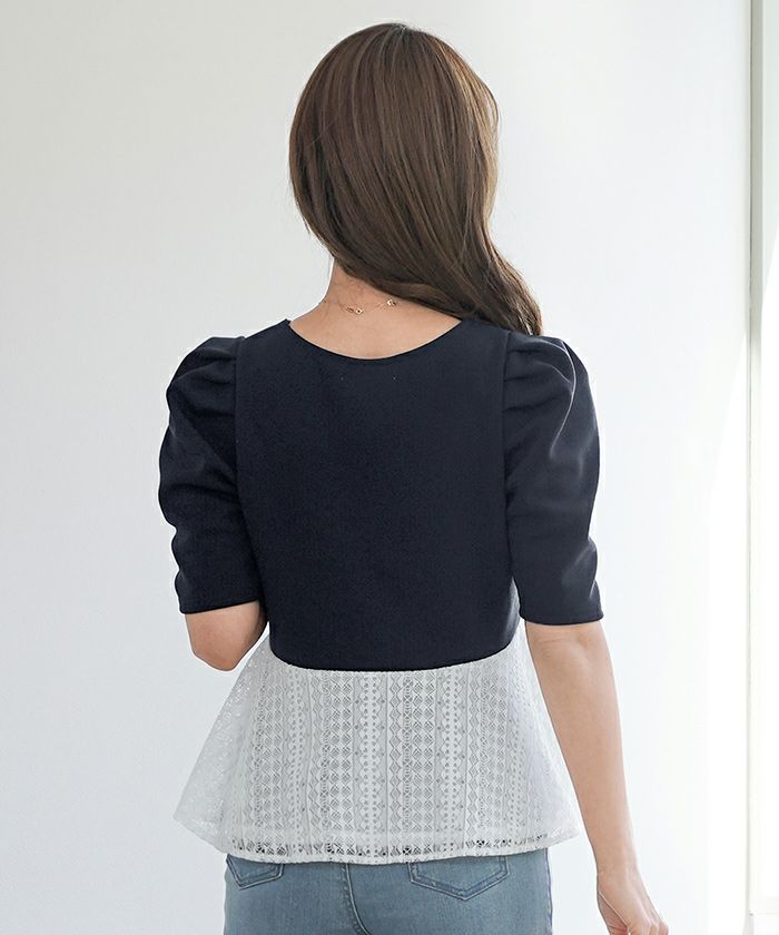 レディース/手洗い可/カットソー/ペプラムカットソー/裾レース/裾フレア/春服/5分袖/きれいめ/綺麗め/上品/異素材/フレア/着映え/プルオーバー/トップス/切替/通勤/オンオフ/デイリー/デート/体型カバー
