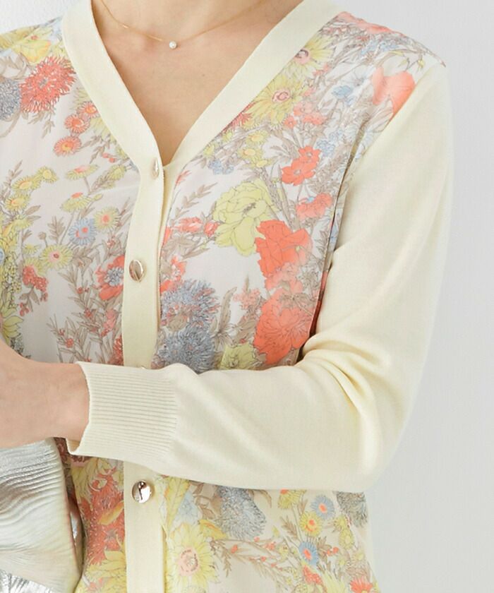 日本製/カーディガン/ボタニカル柄/異素材/ニット/レディース/トップス/羽織り/プリント地/花柄/9分袖/長袖/Vネック/春/夏/ホワイト/アイボリー/ネイビー/カラフル/S/M/上品/綺麗め/