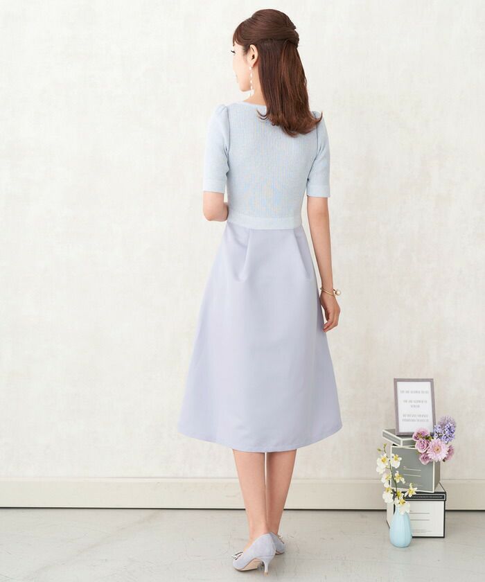 日本製/ワンピース/ラメ/ニット/ドッキング/異素材/リブ/チャーム付き/フィット&フレア/膝下丈/半袖/5分袖/S/M/アイボリー/グレージュ/サックス/ラベンダー/シルバー/