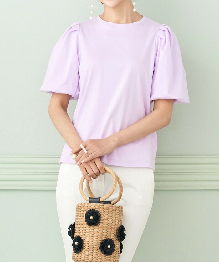 日本製/レディース/トップス/カットソー/プルオーバー/ロゴ/プリント/タックスリーブ/Tシャツ/半袖/ボリュームスリーブ/ホワイト/ラベンダー/ネイビー/きれいめカジュアル/ラフ/手洗い/洗える/春/夏/秋/シンプル/