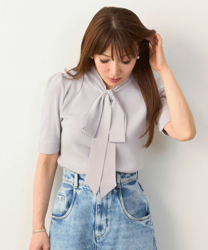 新色追加/手洗い可/マルチニットシリーズ/セットアップ対応商品/リボン/ゴム地/5分袖