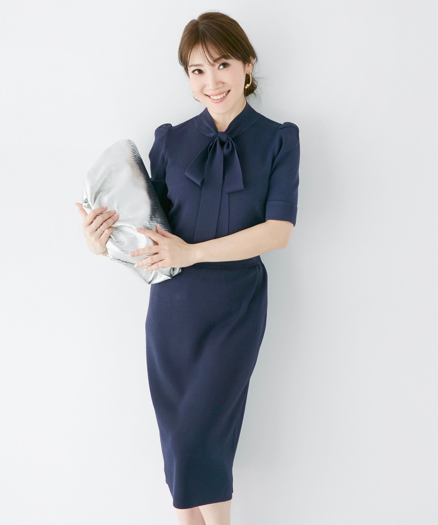 新色追加/手洗い可/マルチニットシリーズ/セットアップ対応商品/リボン/ゴム地/5分袖