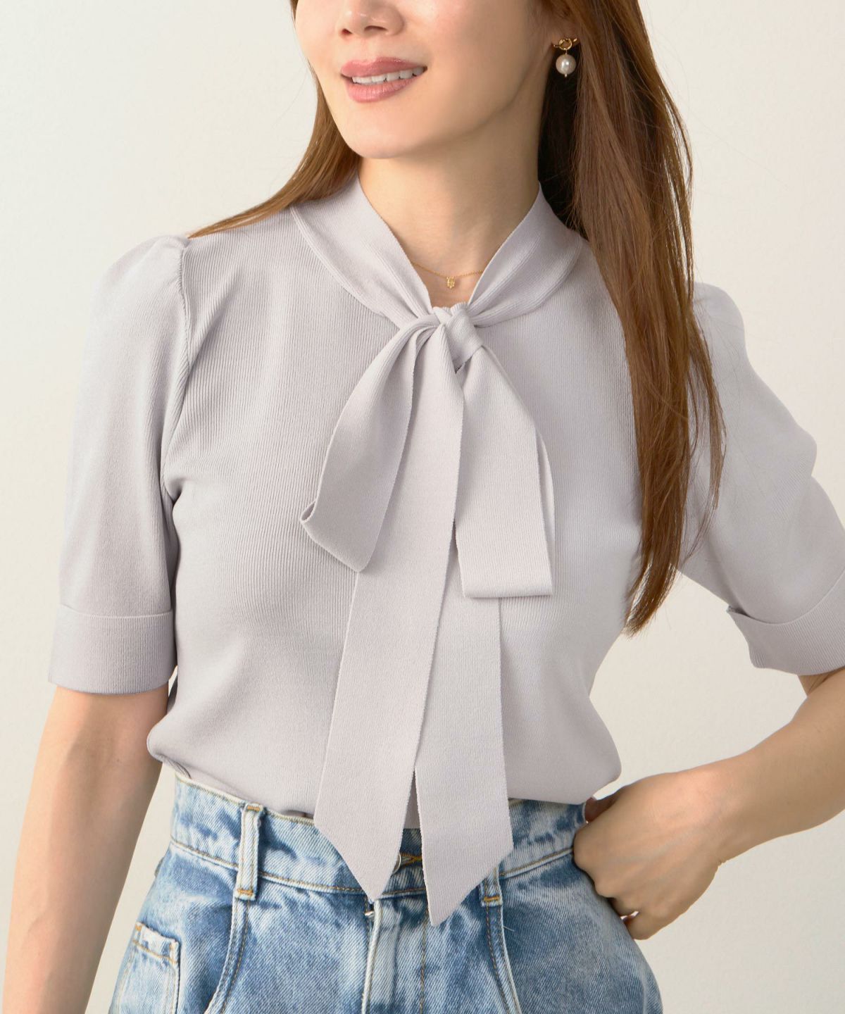 新色追加/手洗い可/マルチニットシリーズ/セットアップ対応商品/リボン/ゴム地/5分袖