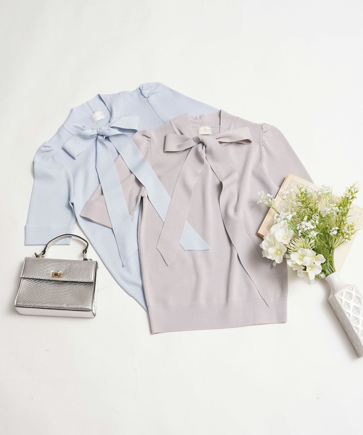 新色追加/手洗い可/マルチニットシリーズ/セットアップ対応商品/リボン/ゴム地/5分袖